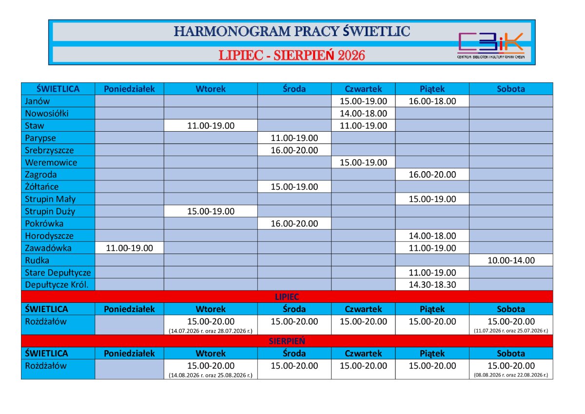 Harmonogram pracy świetlic – kwiecień 2026 – CBiK Okszów