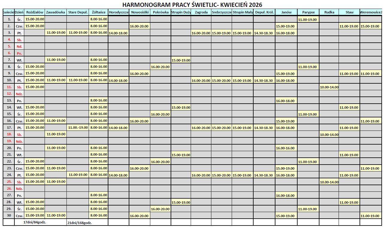 Harmonogram pracy świetlic – kwiecień 2026 – CBiK Okszów